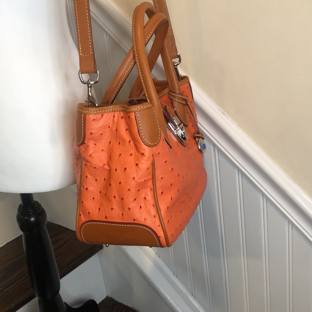 DOONEY & BOURKE Orange Ostrich Print Leather Crossbody Shoulder Laptop Bag NWOT - Picture 4 of 16